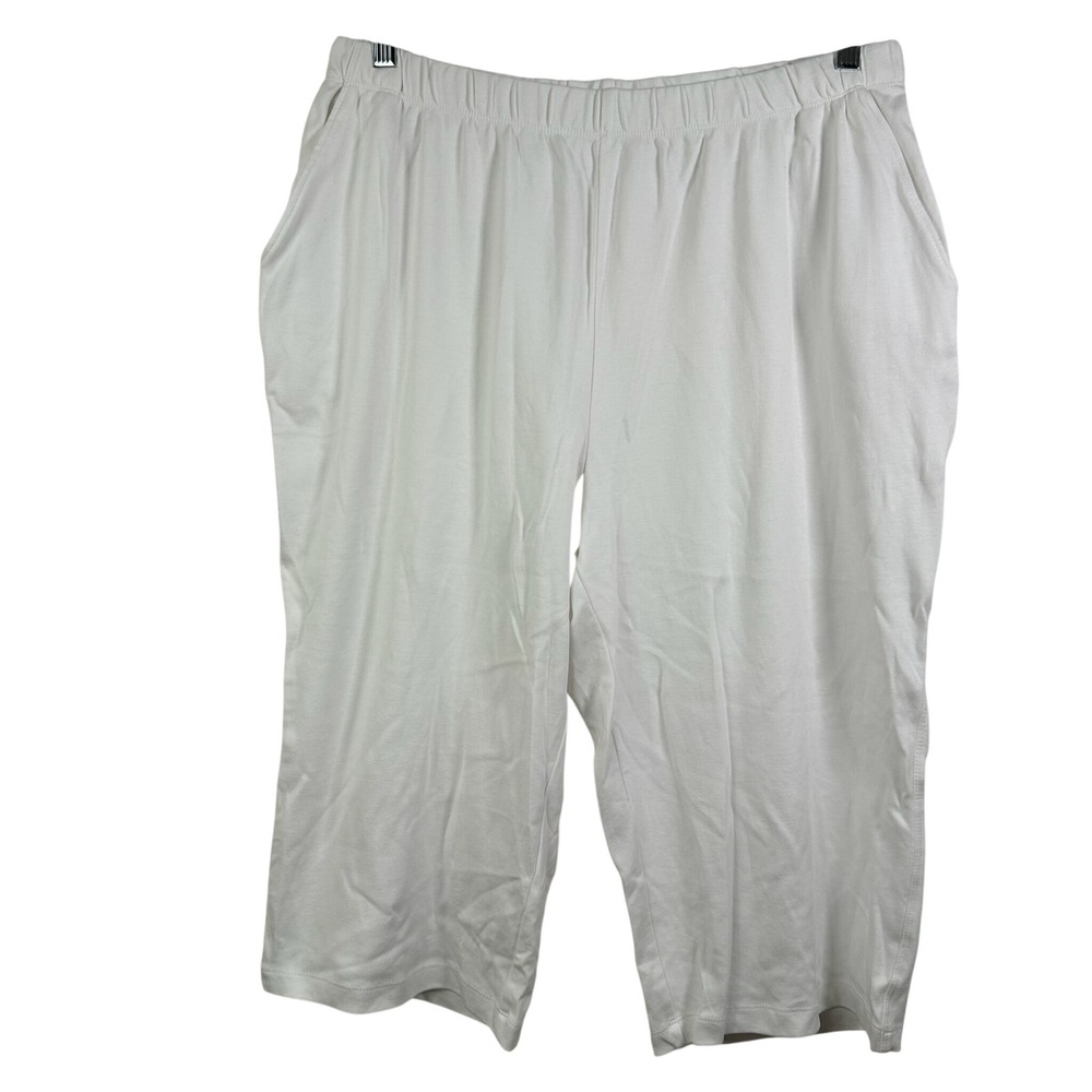 Lands End Womens White Cotton Knit Crop Pants XL Tall 18 High Rise Elastic Waist - Picture 1 of 5